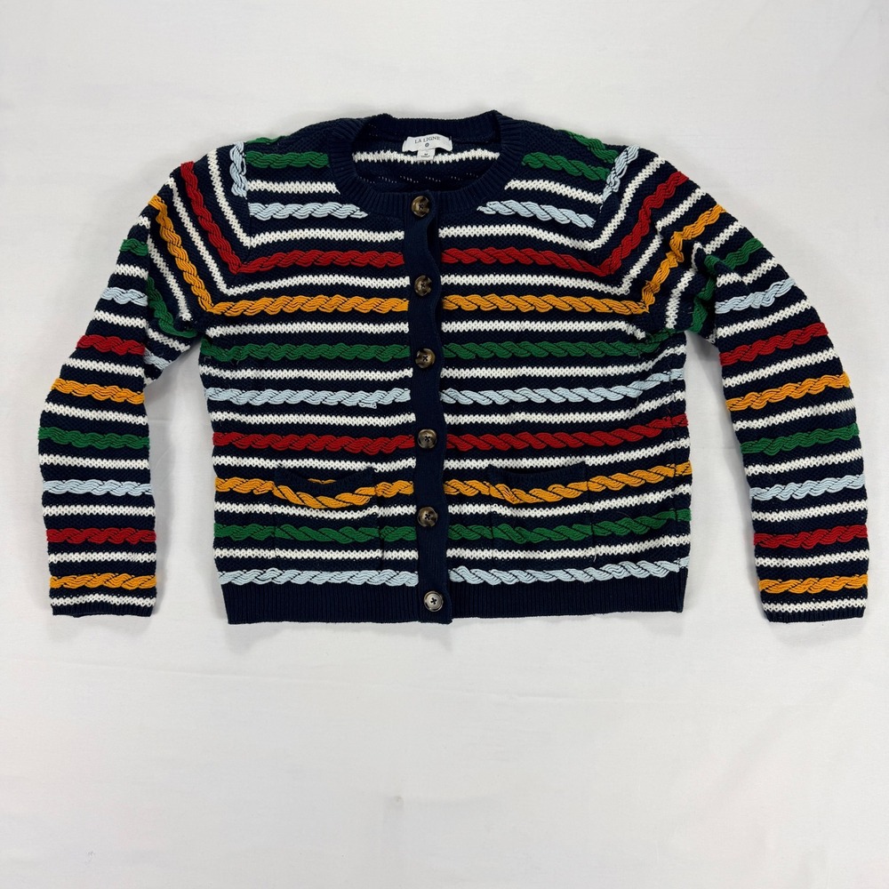 La Ligne Cardigan Sweater Striped Cable Knit Multicolor‎ Cotton Size M Button